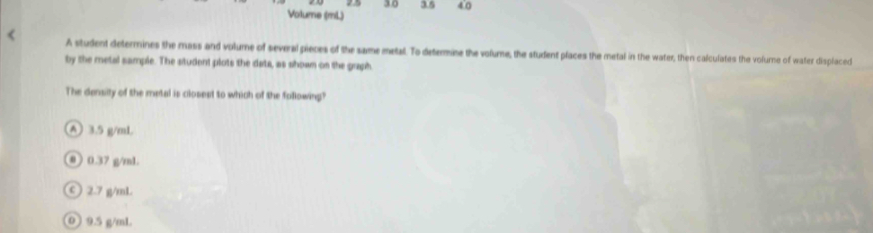 3.0 3.5 40
Volume (mL)
A student determines the mass and volume of several pieces of the same metal. To determine the volume, the student places the metal in the water, then calculates the volurne of water displaced
by the metal sample. The student plots the data, as shown on the graph
The density of the metal is closest to which of the following?
A 3.5 g/mL.
⑧ 0.37 g/ml.
C 2.7 g/mL
0 9.5 g/mL