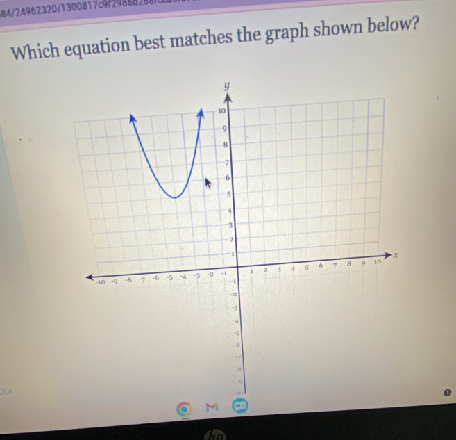 84/24962320/1300817c9f29868288 
Which equation best matches the graph shown below? 
Out 
N