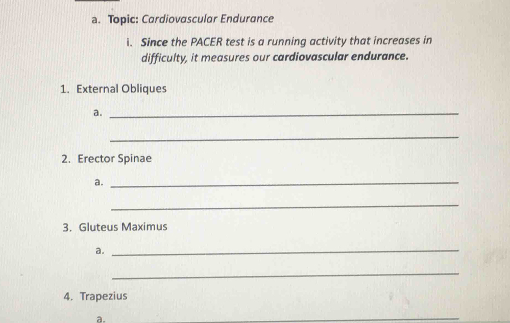 Topic: Cardiovascular Endurance 
i. Since the PACER test is a running activity that increases in 
difficulty, it measures our cardiovascular endurance. 
1. External Obliques 
a._ 
_ 
2. Erector Spinae 
a._ 
_ 
3. Gluteus Maximus 
a. 
_ 
_ 
4. Trapezius 
a.