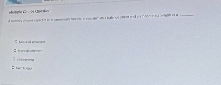 summary of some aspect of an organization's financial status such as a balance sheet and an income statement is a_
balanced scorecard
fnancial statement
strategy map
fixed budget