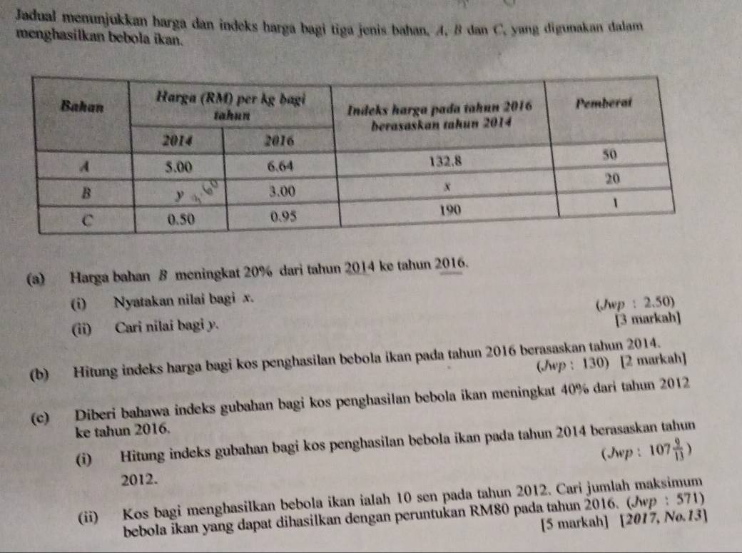 Jadual menunjukkan harga dan indeks harga bagi tiga jenis bahan. A. B dan C. yang digunakan dalam 
menghasilkan bebola ikan. 
(a) Harga bahan B meningkat 20% dari tahun 2014 ke tahun 2016. 
(i) Nyatakan nilai bagi x. 
(Jwp : 2.50) 
(ii) Cari nilai bagi y. 
[3 markah] 
(b) Hitung indeks harga bagi kos penghasilan bebola ikan pada tahun 2016 berasaskan tahun 2014. 
(Jwp : 130) [2 markah] 
(c) Diberi bahawa indeks gubahan bagi kos penghasilan bebola ikan meningkat 40% dari tahun 2012 
ke tahun 2016. 
(i) Hitung indeks gubahan bagi kos penghasilan bebola ikan pada tahun 2014 berasaskan tahun 
(Jwp : 107 9/13 )
2012. 
(ii) Kos bagi menghasilkan bebola ikan ialah 10 sen pada tahun 2012. Cari jumlah maksimum 
bebola ikan yang dapat dihasilkan dengan peruntukan RM80 pada tahun 2016. (Jwp : 571) 
[5 markah] [2017, No.13]