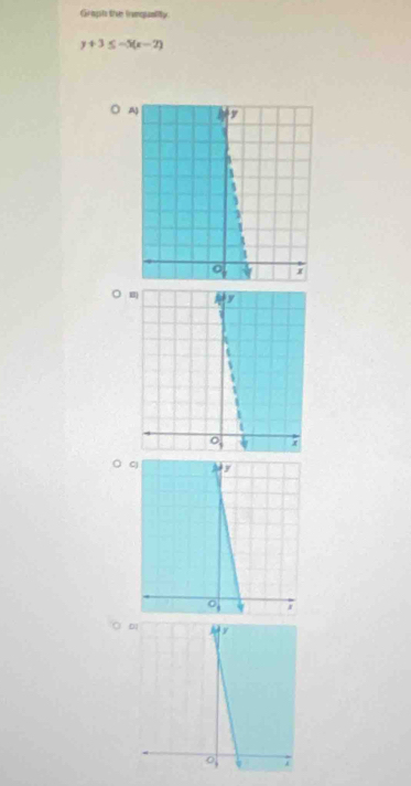 Graph the imquality
y+3≤ -5(x-2)
A 
○ 
○ 
。