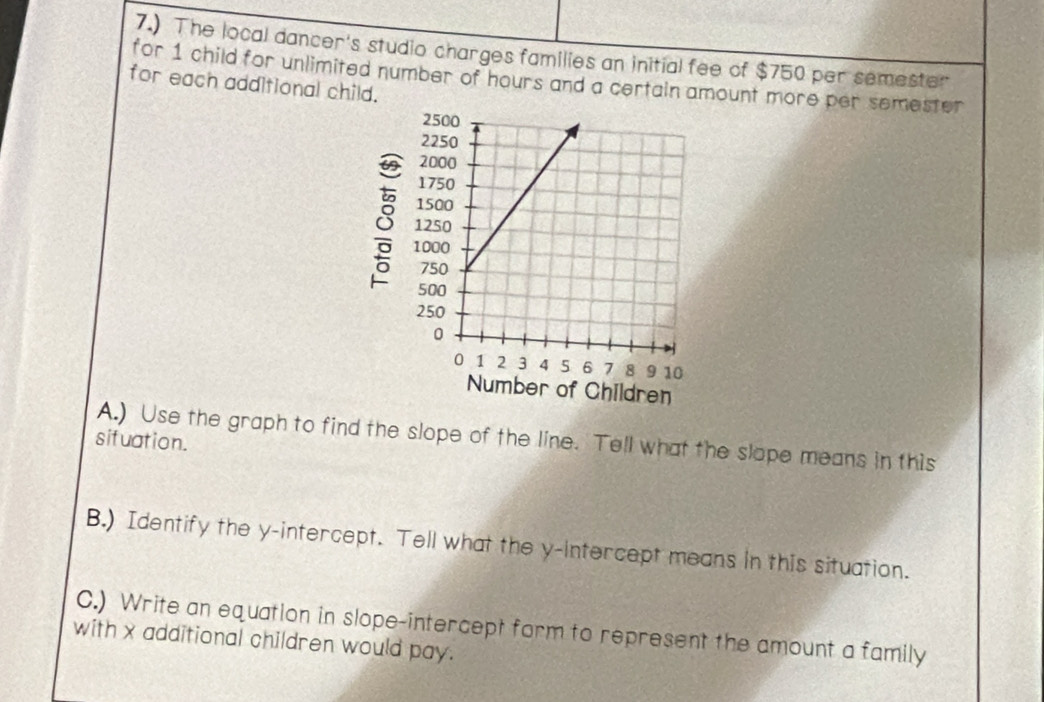 7.) The local dancer's studio charges families an initial fee of $750 per semester
for 1 child for unlimited number of hours and a certain amount more per semester 
for each additional child. 
A.) Use the graph to find the slope of the line. Tell what the slope means in this 
situation. 
B.) Identify the y-intercept. Tell what the y-intercept means in this situation. 
C.) Write an equation in slope-intercept form to represent the amount a family 
with x additional children would pay.