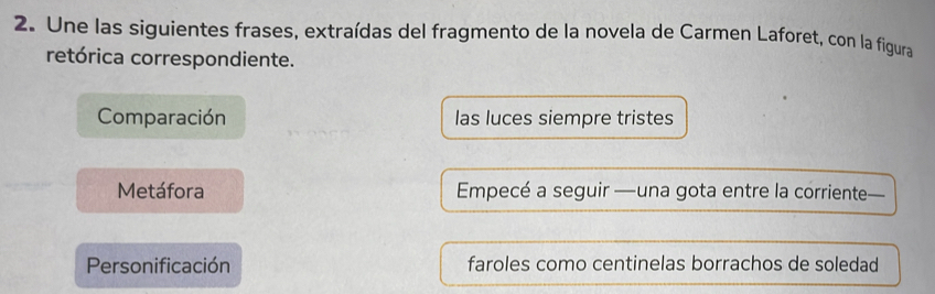 Une las siguientes frases, extraídas del fragmento de la novela de Carmen Laforet, con la figura
retórica correspondiente.
Comparación las luces siempre tristes
Metáfora Empecé a seguir —una gota entre la corriente—
Personificación faroles como centinelas borrachos de soledad