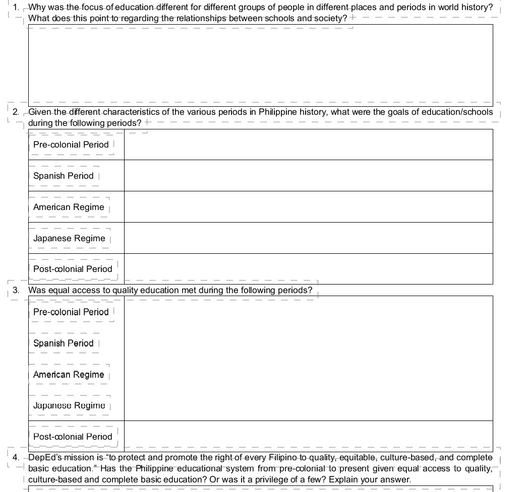 Why was the focus of education different for different groups of people in different places and periods in world history? 
What does this point to regarding the relationships between schools and society? 
2. 
4. 
basic education." Has the Philippine educational system from pre-colonial to present given equal access to quality, 
culture-based and complete basic education? Or was it a privilege of a few? Explain your answer.