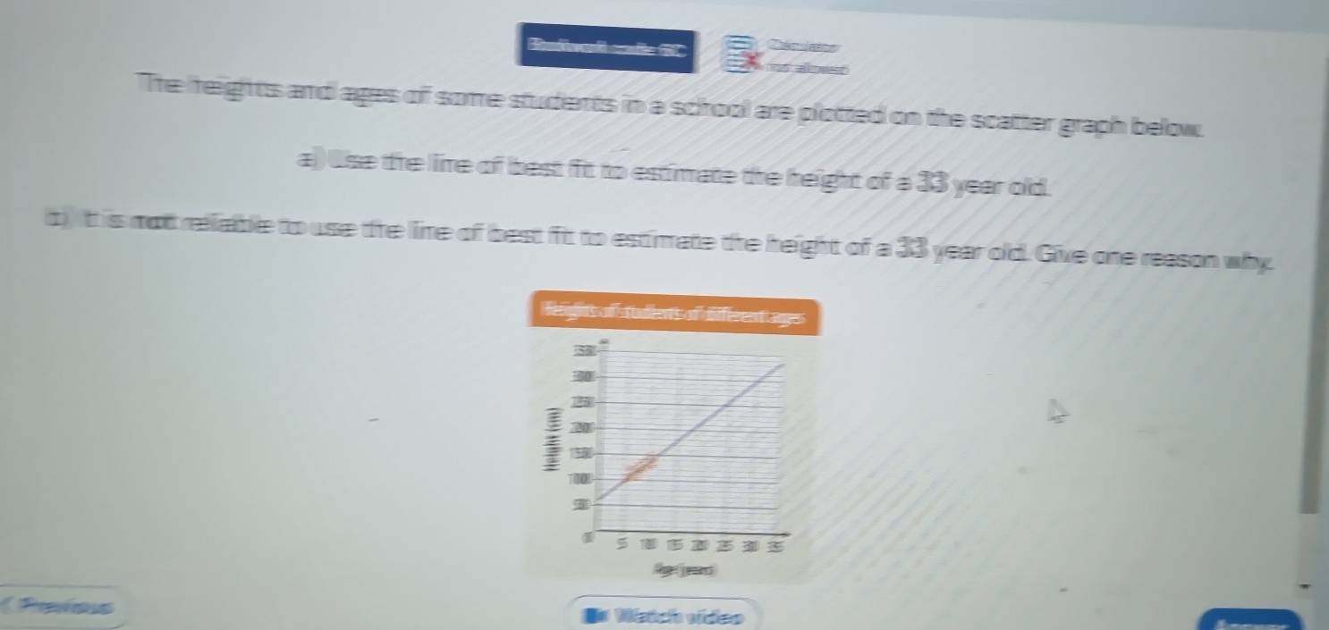 Refived cie SC 
The reights and ages of some students in a school are plotted on the scatter graph below. 
al) use the llire of best fit to estimate the height of a 33 year old. 
d t is mot relable to use the line of best fit to estimate the height of a 33 year old. Give one reason why 
fenghts of tudiens of difirent age 
I 
Ag: jeas 
Reves E* Métch vídeo