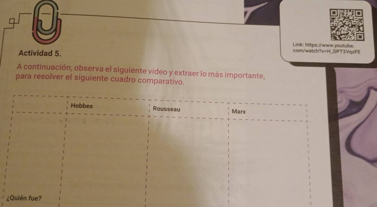 Link: https://www.youtube.
Actividad 5.
com/watch? =H _DPT3VqzFE
A continuación, observa el siguiente video y extraer lo más importante,
para resolver el siguiente cuadro comparativo.
Hobbes Rousseau Marx
¿Quién fue?