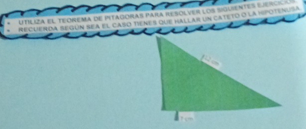 Utiliza el teorema de pitagoras para resolver los siguientes ejercicióo 
recuerda según sea el caso tienes que hallar un cateto o la hipotenusa