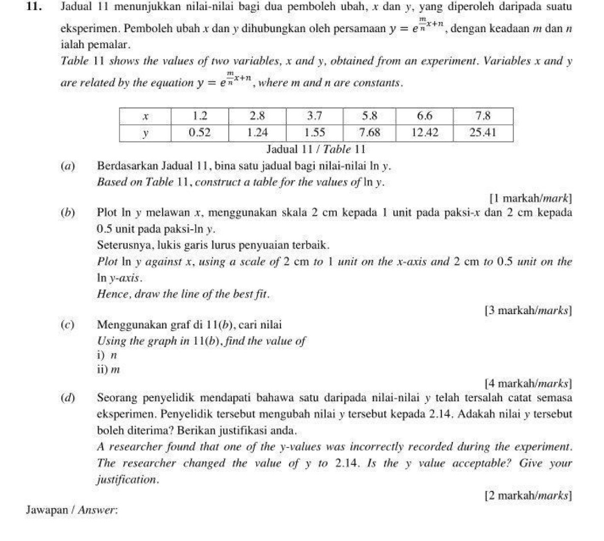 Jadual 11 menunjukkan nilai-nilai bagi dua pemboleh ubah, x dan y, yang diperoleh daripada suatu
eksperimen. Pemboleh ubah x dan y dihubungkan oleh persamaan y=e^(frac m)nx+n , dengan keadaan m dan n
ialah pemalar.
Table 11 shows the values of two variables, x and y, obtained from an experiment. Variables x and y
are related by the equation y=e^(frac m)nx+n , where m and n are constants .
Jadual 11 / Table 11
(a) Berdasarkan Jadual 11, bina satu jadual bagi nilai-nilai ln y.
Based on Table 11, construct a table for the values of ln y.
[1 markah/mark]
(b) Plot ln y melawan x, menggunakan skala 2 cm kepada 1 unit pada paksi-x dan 2 cm kepada
0.5 unit pada paksi-ln y.
Seterusnya, lukis garis lurus penyuaian terbaik.
Plot ln y against x, using a scale of 2 cm to 1 unit on the x-axis and 2 cm to 0.5 unit on the
ln y-axis .
Hence, draw the line of the best fit.
[3 markah/marks]
(c) Menggunakan graf di 11(b) , cari nilai
Using the graph in 11(b) , find the value of
i) n
ⅱi)m
[4 markah/marks]
(d) Seorang penyelidik mendapati bahawa satu daripada nilai-nilai y telah tersalah catat semasa
eksperimen. Penyelidik tersebut mengubah nilai y tersebut kepada 2.14. Adakah nilai y tersebut
boleh diterima? Berikan justifikasi anda.
A researcher found that one of the y-values was incorrectly recorded during the experiment.
The researcher changed the value of y to 2.14. Is the y value acceptable? Give your
justification.
[2 markah/marks]
Jawapan / Answer: