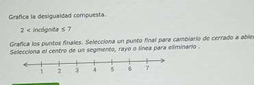 Grafica la desigualdad compuesta.
2 incógnita ≤ 7
Grafica los puntos finales. Selecciona un punto final para cambiario de cerrado a able. 
Selecciona el centro de un segmento, rayo o línea para eliminario .