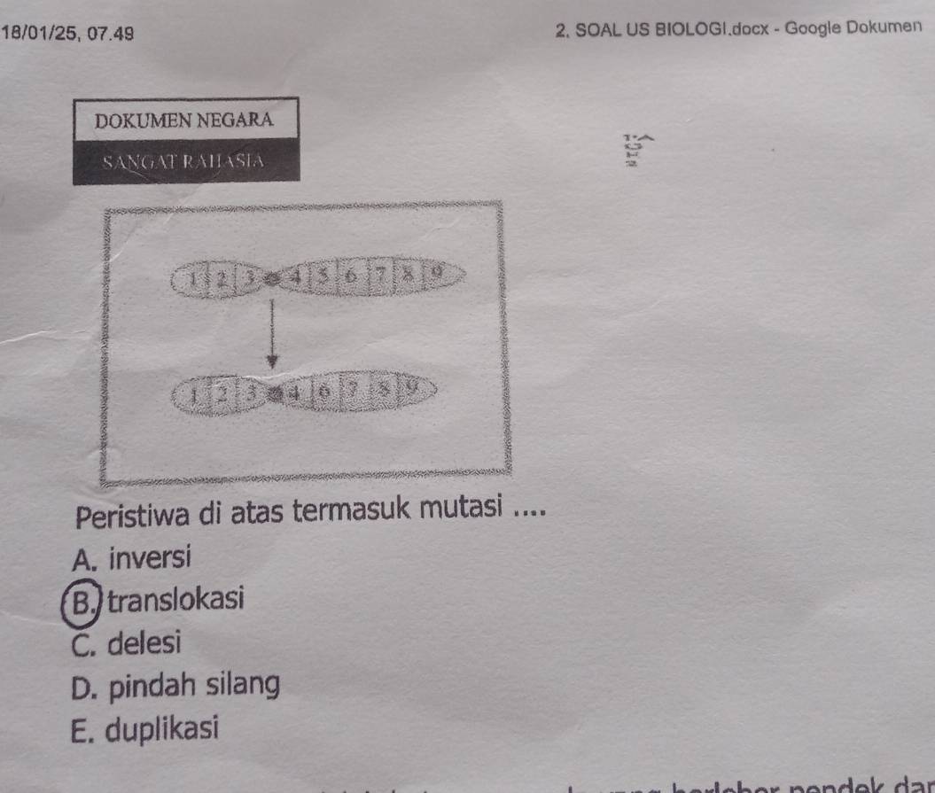 18/01/25, 07.49 2. SOAL US BIOLOG1.docx - Google Dokumen
DOKUMEN NEGARA
SANGAT RAHASIA
Peristiwa di atas termasuk mutasi ....
A. inversi
B. translokasi
C. delesi
D. pindah silang
E. duplikasi