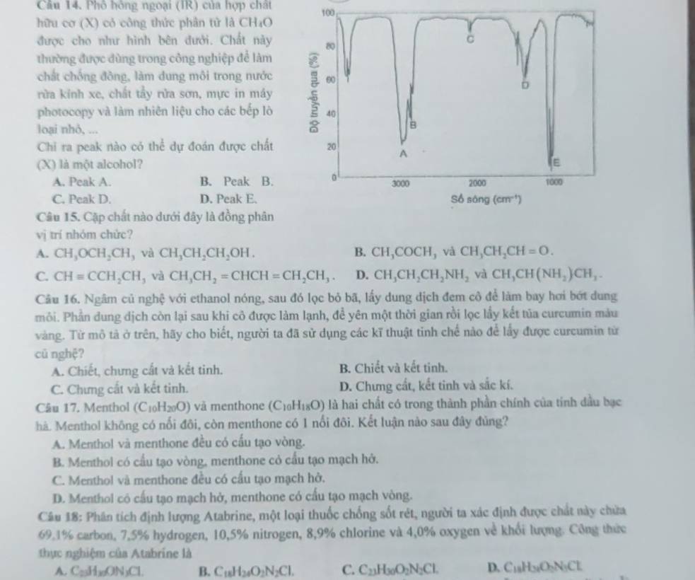 Phố hông ngoại (IR) của hợp chất 100
hữu cơ (X) có công thức phân tử là CH₄O
được cho như hình bên đưới. Chất này 
thường được đùng trong công nghiệp để làm
chất chống đồng, làm dung môi trong nước
rừa kính xe, chất tầy rửa sơn, mực in máy 
photocopy và làm nhiên liệu cho các bếp lò 
loại nhỏ, ...
Chi ra peak nào có thể dự đoán được chất 
(X) là một alcohol?
A. Peak A. B. Peak B.
C. Peak D. D. Peak E.
Câu 15. Cặp chất nào dưới đây là đồng phân
vị trí nhóm chức?
A. CH_3OCH_2CH ,và CH_3CH_2CH_2OH. B. CH_3COCH , và CH_3CH_2CH=O.
C. CH=CCH_2CH , và CH_3CH_2=CHCH=CH_2CH_3. D. CH_3CH_2CH_2NH_2 yà CH_1CH(NH_2)CH_3.
Câu 16. Ngâm củ nghệ với ethanol nóng, sau đó lọc bỏ bã, lấy dung dịch đem cô để làm bay hơi bớt dung
môi. Phần dung dịch còn lại sau khi cô được làm lạnh, đề yên một thời gian rồi lọc lầy kết tủa curcumin màu
vàng. Từ mô tả ở trên, hãy cho biết, người ta đã sử dụng các kĩ thuật tinh chế nào để lấy được curcumin từ
cū nghệ?
A. Chiết, chưng cất và kết tinh. B. Chiết và kết tinh.
C. Chưng cất và kết tinh. D. Chưng cất, kết tinh và sắc kí.
Câu 17. Menthol (C_10H_20O) và menthone (C₁₀H₁₆O) là hai chất có trong thành phần chính của tính đầu bạc
hà. Menthol không có nối đôi, còn menthone có 1 nổi đôi. Kết luận nào sau đây đủng?
A. Menthol và menthone đều có cấu tạo vòng.
B. Menthol có cấu tạo vòng, menthone có cấu tạo mạch hở.
C. Menthol và menthone đều có cấu tạo mạch hở.
D. Menthol có cấu tạo mạch hở, menthone có cấu tạo mạch vòng.
Câu 18: Phân tích định lượng Atabrine, một loại thuốc chống sốt rét, người ta xác định được chất này chứa
69.1% carbon, 7,5% hydrogen, 10,5% nitrogen, 8,9% chlorine và 4,0% oxygen về khối lượng. Công thức
thực nghiệm của Atabrine là
A. C_23H_30ON )Cl. B. C_18H_24O_2N_2Cl. C. C_23H_30O_2N_2Cl. D. C_18H_31O_2N_3Cl