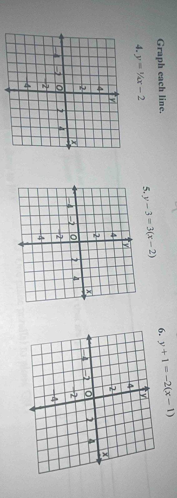 Graph each line. 6. y+1=-2(x-1)
5. y-3=3(x-2)
4. y=1/4x-2