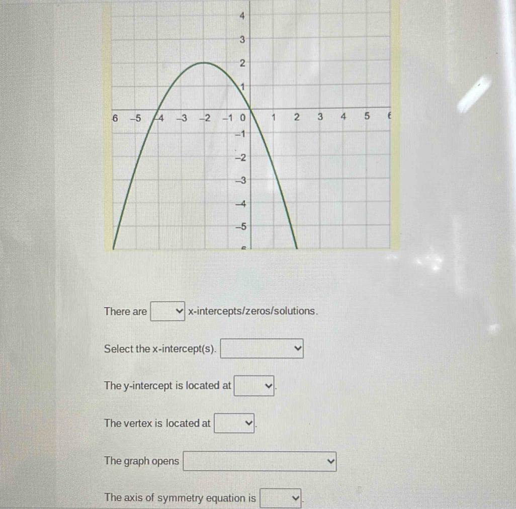 There are □ x-intercepts/zeros/solutions.
Select the x-intercept(s). □
The y-intercept is located at □.
The vertex is located at □.
The graph opens □
The axis of symmetry equation is □.