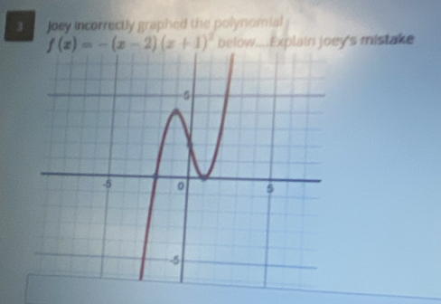 Joey incorrectly graphed the polynomial
f(x)=-(x-2)(x+1)^2 below....Explain joey's mistake