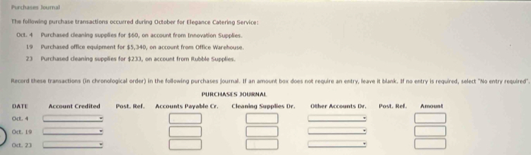 Purchases Journal 
The following purchase transactions occurred during October for Elegance Catering Service: 
Oct. 4 Purchased cleaning supplies for $60, on account from Innovation Supplies. 
19 Purchased office equipment for $5,340, on account from Office Warehouse. 
23 Purchased cleaning supplies for $233, on account from Rubble Supplies. 
Record these transactions (in chronological order) in the following purchases journal. If an amount box does not require an entry, leave it blank. If no entry is required, select "No entry required"