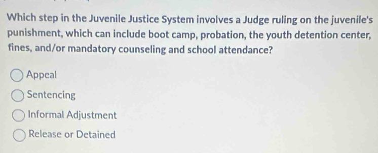 Which step in the Juvenile Justice System involves a Judge ruling on the juvenile's
punishment, which can include boot camp, probation, the youth detention center,
fines, and/or mandatory counseling and school attendance?
Appeal
Sentencing
Informal Adjustment
Release or Detained