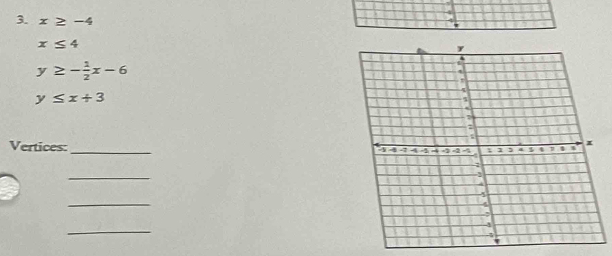 4 
3. x≥ -4
7
x≤ 4
y≥ - 1/2 x-6
y≤ x+3
Vertices:_ 
_ 
_ 
_