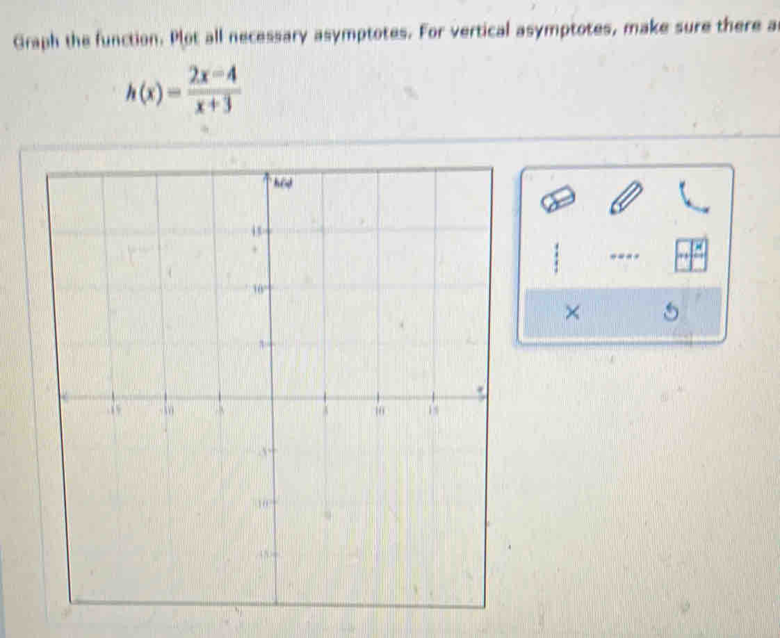 Graph the function. Plot all necessary asymptotes. For vertical asymptotes, make sure there a
h(x)= (2x-4)/x+3 
: 
×
5