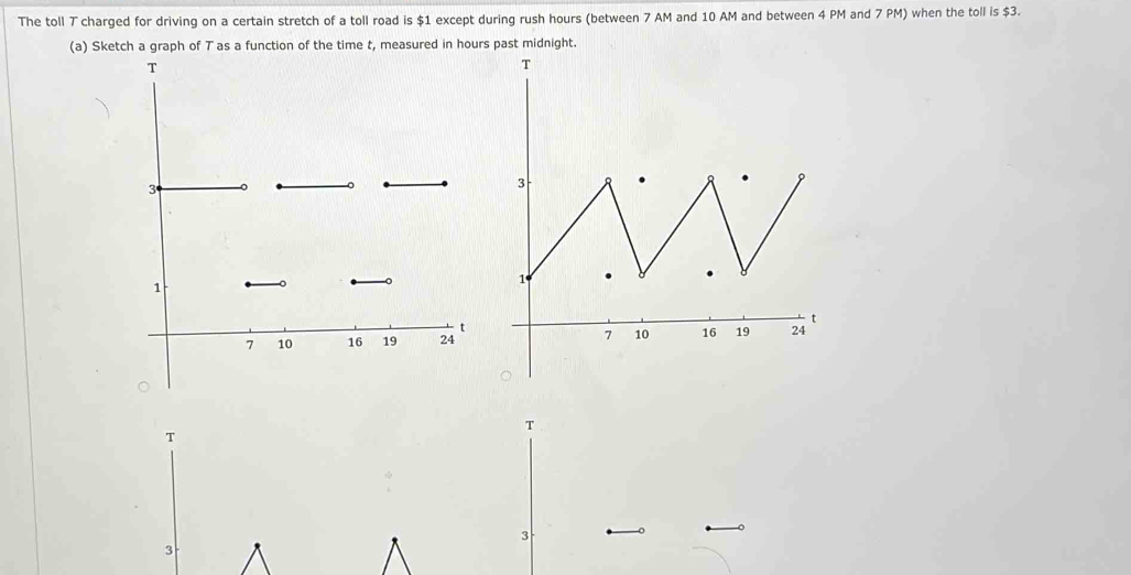 The toll T charged for driving on a certain stretch of a toll road is $1 except during rush hours (between 7 AM and 10 AM and between 4 PM and 7 PM) when the toll is $3. 
(a) Sketch a graph of T as a function of the time t, measured in hours past midnight.