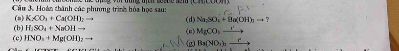 le the đặng vor đùng địcn acete sela CH3COOH
Câu 3. Hoàn thành các phương trình hóa học sau: 
(a) K_2CO_3+Ca(OH)_2to (d) Na_2SO_4+Ba(OH)_2to ? 
(b) H_2SO_4+NaOHto (e) MgCO_3xrightarrow t^n
(c) HNO_3+Mg(OH)_2
(g) Ba(NO_3)_2xrightarrow t^6