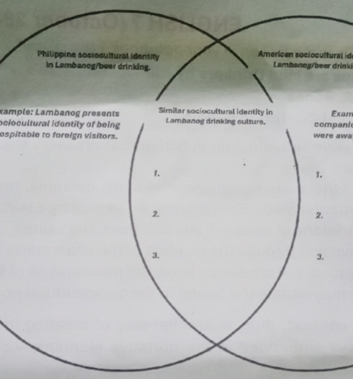 Philippine sociocultural identity 
American sociocultural id 
in Lembanog/beer drinking. Lambanog/beer drinki 
xample: Lambanog presents Similar sociocultural identity in Exam 
ociocultural identity of being Lambanog drinking culture. companic 
ospitable to foreign visitors. were awa 
1. 
1. 
2. 
2. 
3. 
3.