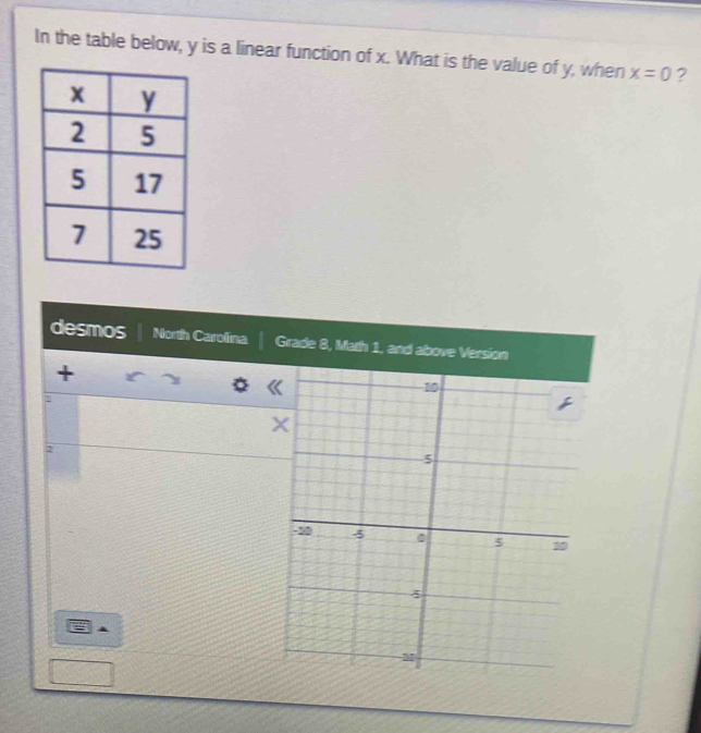 In the table below, y is a linear function of x. What is the value of y, when x=0 ? 
desmos North Carolina Grade 8, Math 1, and above Version 
+
1
2
=