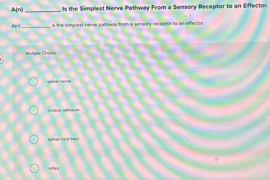 A(n) _Is the Simplest Nerve Pathway From a Sensory Receptor to an Effector.
A(n) _is the simplest nerve pathway from a sensory receptor to an effector.
Multiple Choice
spinal nerve
corpus callosum
spinal cord tract
reflex