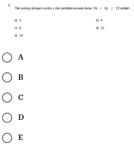 Titik potong dengan sumbu y dari pertidaksamaan linear 3x+4y≥ 12 adalah . . .
a) 3 b) 4
c) 6 d) 12
e) 14
A
B
C
D
E