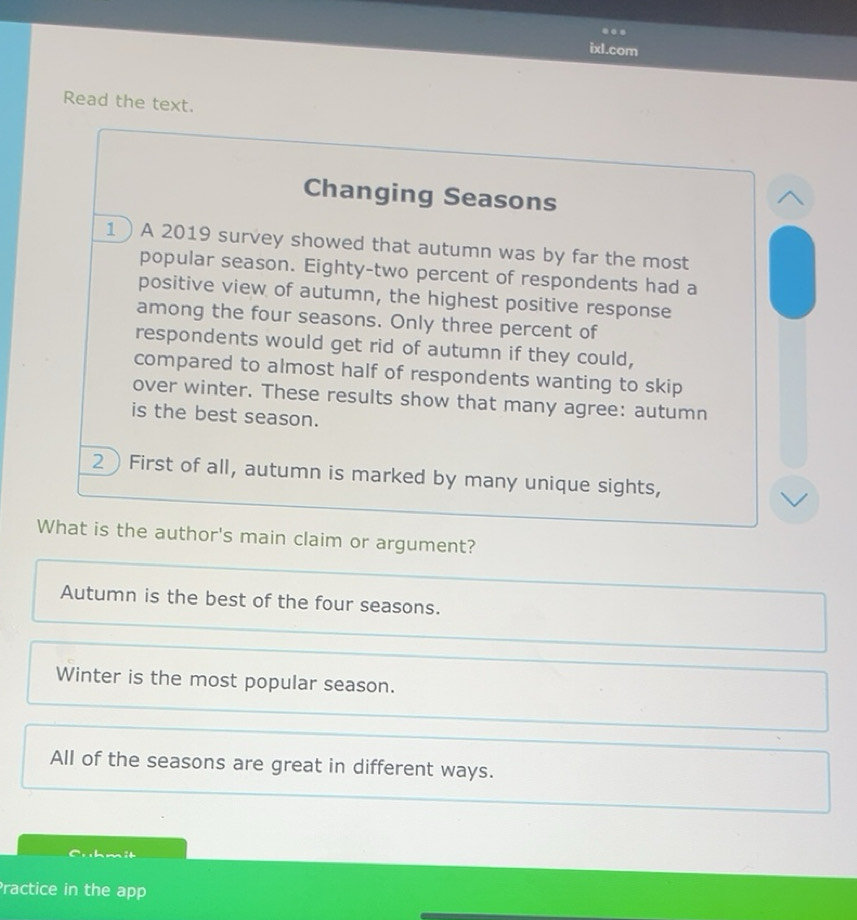 Solved: ixl.com Read the text. Changing Seasons 1 A 2019 survey showed ...