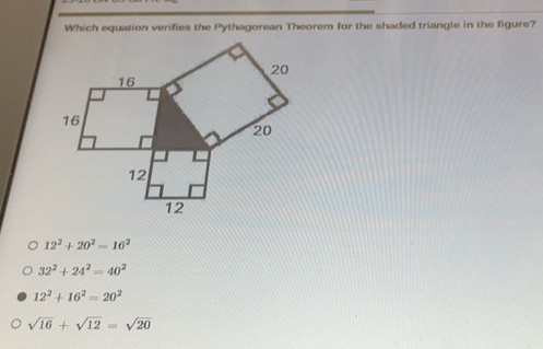Solved: Which equation verifies the Pythagorean Theorem for the shaded ...