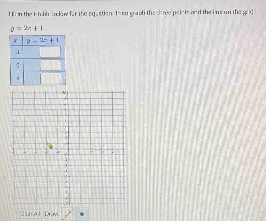 Fill in the t-table below for the equation. Then graph the three points and the line on the grid:
y=2x+1
Clear All Draw: