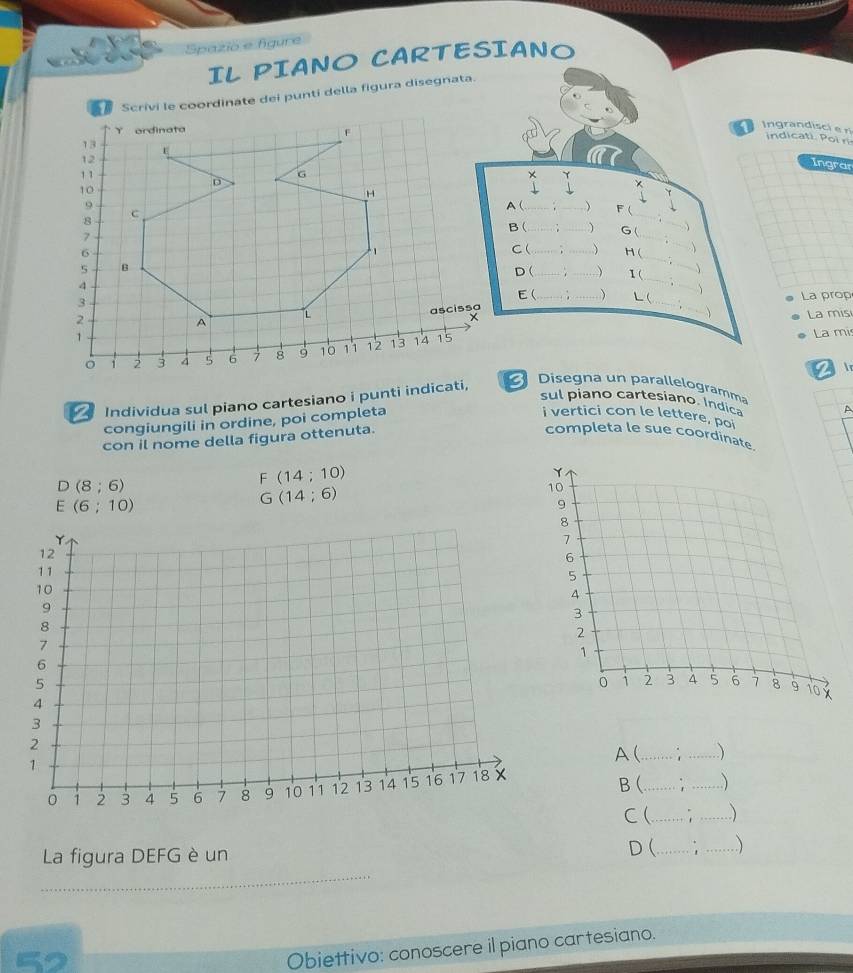 Spazio e fgure 
IL PIANO CARTESIANO 
Scrivi le coordinate dei punti della figura disegnata. 
Ingrandisci er indica t i r 
Ingrar 
× Y 
× 
T 
B ( `  G_ 
_ 
A(_ _) F ( 
_ 
__H (_ _ 
C ( 、 
_ 
_ 
_ 
D ( _. _1 ( 
E( 
) L(  
,  
____La prop 
La misi 
La mi 
2 
Individua sul piano cartesiano i punti indicati, 
Disegna un parallelogramma 
sul p iano cartesíano. In dia A 
congiungili in ordine, poi completa 
i vertici con le lettere, poi 
con il nome della figura ottenuta. 
completa le sue coordinate.
D(8;6)
F(14;10)
E(6;10)
G(14;6)
A (_ : _) 
B (_ . _) 
C (_ _ 
D( . 
_ 
La figura DEFG è un __) 
Obiettivo: conoscere il piano cartesiano.