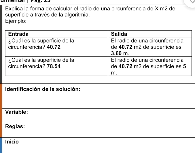 Pag 
Explica la forma de calcular el radio de una circunferencia de X m2 de 
superficie a través de la algoritmia. 
Ejemplo: 
Identificación de la solución: 
Variable: 
Reglas: 
Inicio