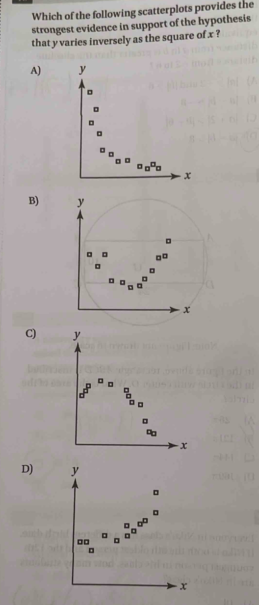 Which of the following scatterplots provides the
strongest evidence in support of the hypothesis
that y varies inversely as the square of x ?
A)
B)
C)
D)