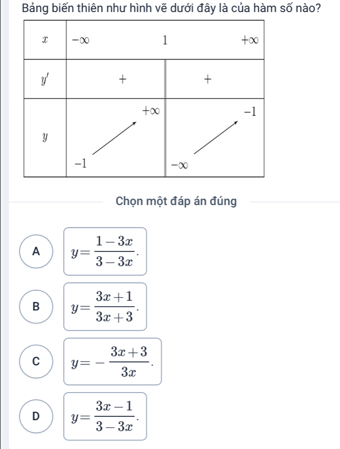 Bảng biến thiên như hình vẽ dưới đây là của hàm số nào?
Chọn một đáp án đúng
A y= (1-3x)/3-3x .
B y= (3x+1)/3x+3 .
C y=- (3x+3)/3x .
D y= (3x-1)/3-3x .