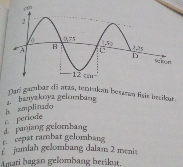 Dari gambar di atas, tentukan besaran fisis berikut. 
a. banyaknya gelombang 
b. amplitudo 
c. periode 
d. panjang gelombang 
e. cepat rambat gelombang 
f. jumlah gelombang dalam 2 menit 
Amati bagan gelombang berikut.