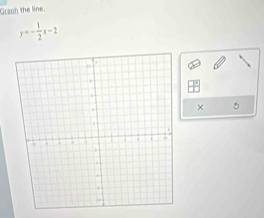 Graph the line.
y=- 1/2 x-2
× 5