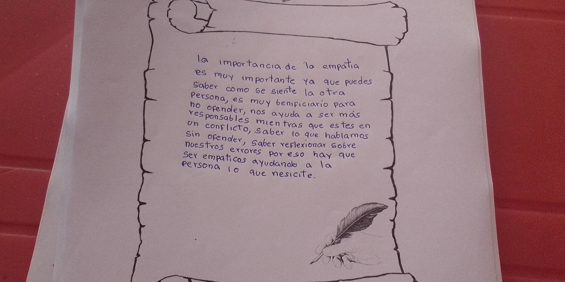 Ia importanciade la empatia 
ies may importante ya ave poedes 
saber como se slente la otra 
Persona, es muy benificlario para 
no opender, nos ayuda a ser mas 
responsables mientras gue estes en 
on conflicto, saber t0 gue hablamos 
sin ofender, saber reflexionar sobve 
nuestros erroves poreso hay gue 
ser empaticos a yudano a la 
persona 10 aue nesicite.