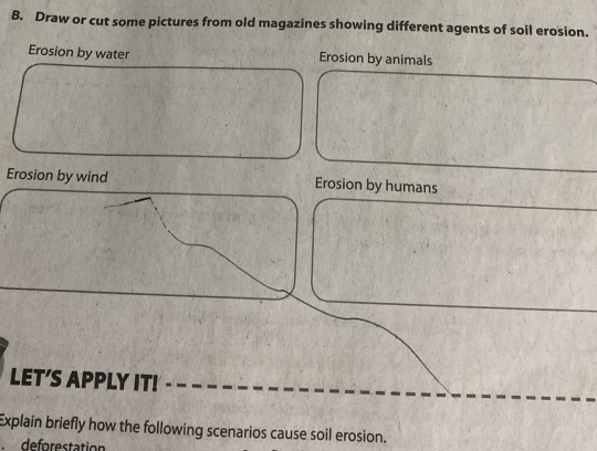 Draw or cut some pictures from old magazines showing different agents of soil erosion. 
Erosion by water Erosion by animals 
Erosion by wind Erosion by humans 
LET'S APPLY IT! 
Explain briefly how the following scenarios cause soil erosion. 
de forestation