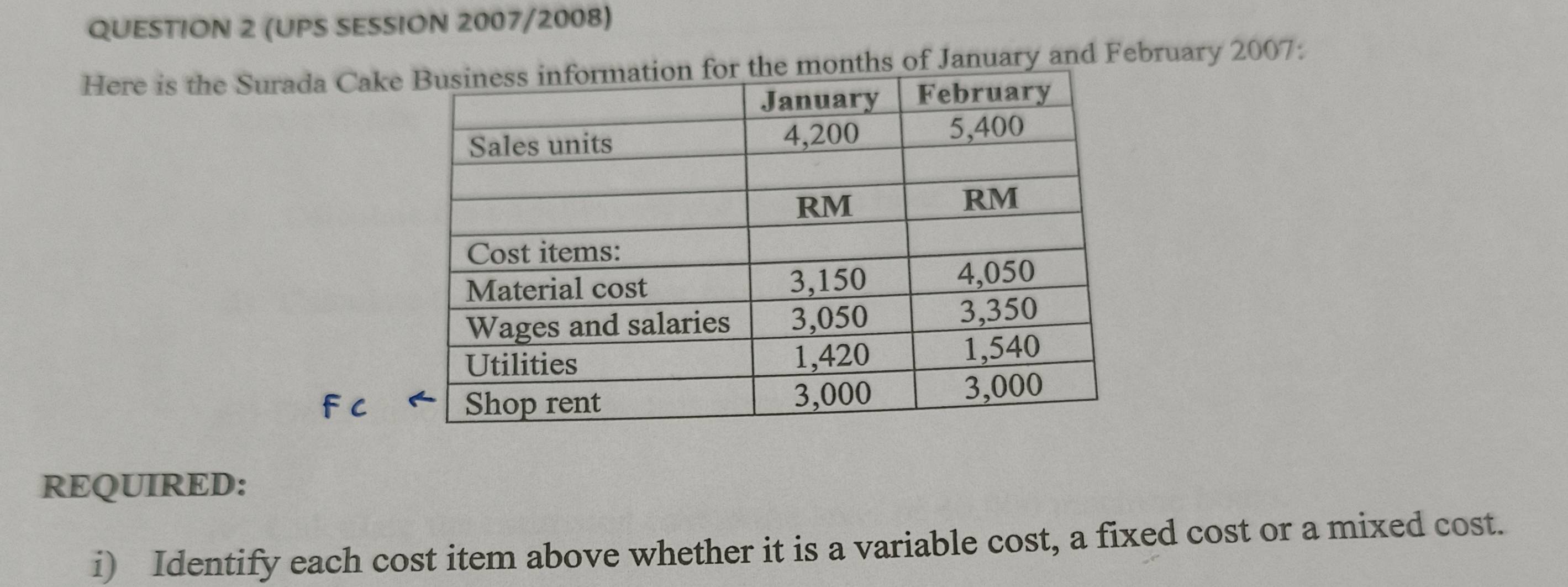 (UPS SESSION 2007/2008) 
Here is the Surada Cake months of January and February 2007: 
REQUIRED: 
i) Identify each cost item above whether it is a variable cost, a fixed cost or a mixed cost.