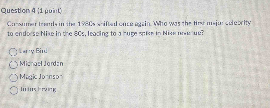 Consumer trends in the 1980s shifted once again. Who was the first major celebrity
to endorse Nike in the 80s, leading to a huge spike in Nike revenue?
Larry Bird
Michael Jordan
Magic Johnson
Julius Erving