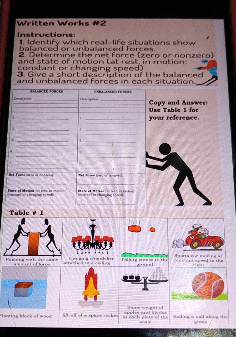 Written Works #2 
Instructions: 
1. Identify which real-life situations show 
balanced or unbalanced forces. 
2. Determine the net force (zero or nonzero) 
and state of motion (at rest, in motion: 
constant or changing speed) 
3. Give a short description of the balanced 
and unbalanced forces in each situation. 
BALANCED FORCES UNBALANCED FORCES 
_ 
Description: _Description:_ 
_ 
_ 
_Copy and Answer: 
Use Table 1 for 
1._ 
_ 
< _your reference. 
2._ 
2._ 
_ 
_ 
3._ 
3._ 
_ 
_ 
4._ 
_* 
_ 
_ 
_5 
S._ 
_ 
_ 
Net Force (zero or nonzero) Net Fozce (zero or nonzero): 
__ 
State of Motion (at rest, in motion: State of Motion fat rest, in motion: 
constant or changing speed): constant or changing speed): 
_ 
_ 
Table # 1 
Pushing with the same 
amount of force 
Floating block of wood Rolling a ball along the 
grass