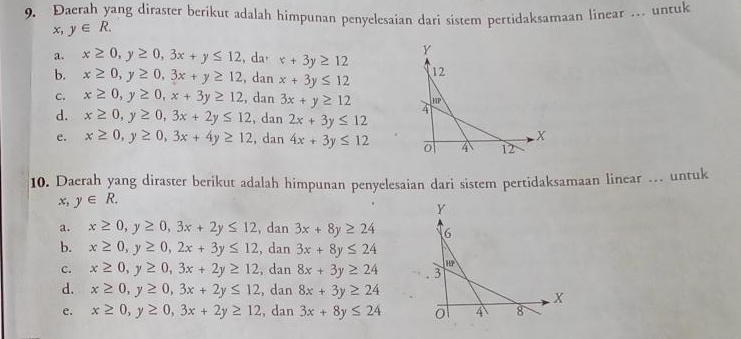 Daerah yang diraster berikut adalah himpunan penyelesaian dari sistem pertidaksamaan linear . untuk
x, y∈ R.
Y
a. x≥ 0, y≥ 0, 3x+y≤ 12 , da· x+3y≥ 12 12
b. x≥ 0, y≥ 0, 3x+y≥ 12 , dan x+3y≤ 12
c. x≥ 0, y≥ 0, x+3y≥ 12 , dan 3x+y≥ 12 4 11P
d. x≥ 0, y≥ 0, 3x+2y≤ 12 , dan 2x+3y≤ 12
X
e. x≥ 0, y≥ 0, 3x+4y≥ 12 , dan 4x+3y≤ 12 0 4 12
10. Daerah yang diraster berikut adalah himpunan penyelesaian dari sistem pertidaksamaan linear ... untuk
x y∈ R.
a. x≥ 0, y≥ 0, 3x+2y≤ 12 , dan 3x+8y≥ 24
b. x≥ 0, y≥ 0, 2x+3y≤ 12 , dan 3x+8y≤ 24
c. x≥ 0, y≥ 0, 3x+2y≥ 12 , dan 8x+3y≥ 24
d. x≥ 0, y≥ 0, 3x+2y≤ 12 , dan 8x+3y≥ 24
e. x≥ 0, y≥ 0, 3x+2y≥ 12 , dan 3x+8y≤ 24