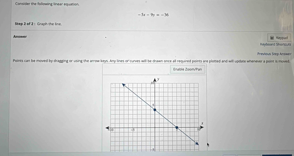 Consider the following linear equation.
-5x-9y=-36
Step 2 of 2 : Graph the line. 
Answer Keypad 
Keyboard Shortcuts 
Previous Step Answer 
Points can be moved by dragging or using the arrow keys. Any lines or curves will be drawn once all required points are plotted and will update whenever a point is moved. 
Enable Zoom/Pan