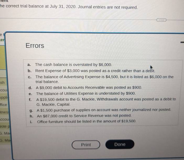 he correct trial balance at July 31, 2020. Journal entries are not required. 
e t 
er 
Errors 
a. The cash balance is overstated by $6,000. 
b. Rent Expense of $3,000 was posted as a credit rather than a debit. 
c. The balance of Advertising Expense is $4,500, but it is listed as $6,000 on the 
sh trial balance. 
cou d. A $9,000 debit to Accounts Receivable was posted as $900. 
e. The balance of Utilities Expense is understated by $900. 
ppli f. A $19,500 debit to the G. Mackle, Withdrawals account was posted as a debit to 
ffice G. Mackle, Capital. 
tnes g. A $1,500 purchase of supplies on account was neither journalized nor posted. 
h. An $87,000 credit to Service Revenue was not posted. 
ccou i. Office furniture should be listed in the amount of $19,500. 
lote p 
G. Ma 
G. Ma 
Print Done