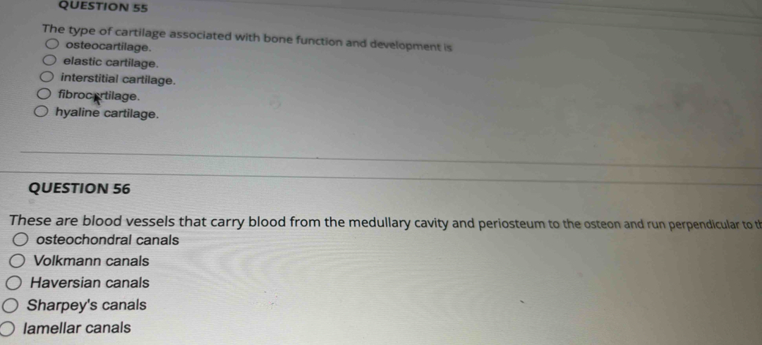 The type of cartilage associated with bone function and development is
osteocartilage.
elastic cartilage.
interstitial cartilage.
fibrocertilage.
hyaline cartilage.
QUESTION 56
These are blood vessels that carry blood from the medullary cavity and periosteum to the osteon and run perpendicular to th
osteochondral canals
Volkmann canals
Haversian canals
Sharpey's canals
lamellar canals