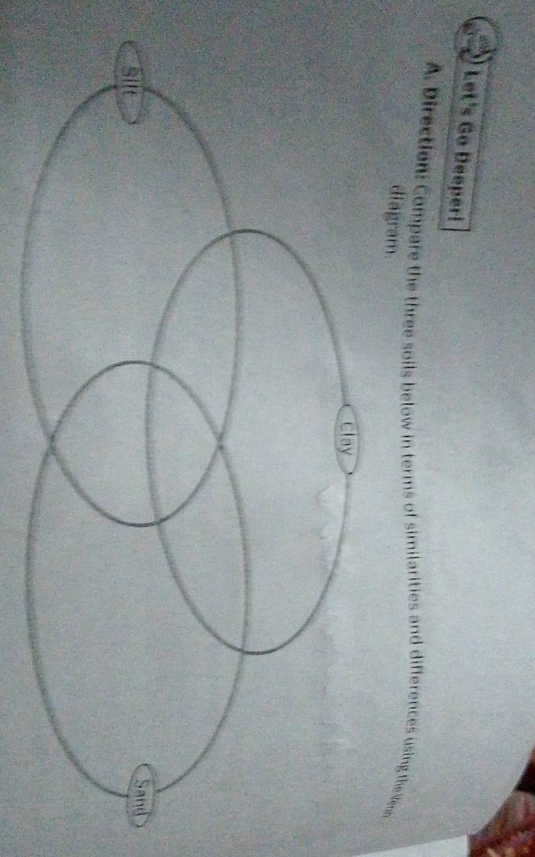 Let's Go Deeper! 
A. Direction: Compare the three soils below in terms of similarities and differences using the Veno 
diagram.