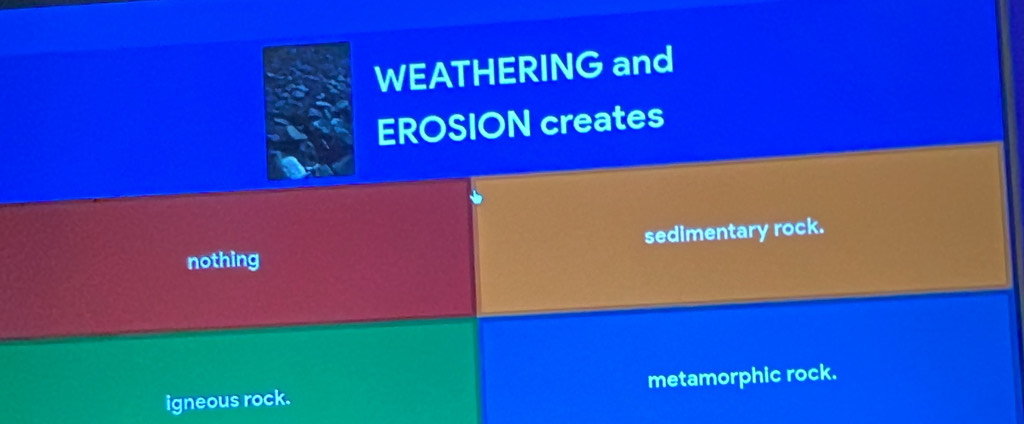 WEATHERING and
EROSION creates
nothing sedimentary rock.
igneous rock. metamorphic rock.