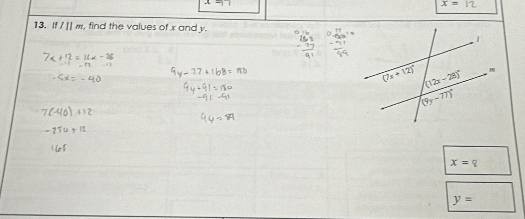 x:
x=
13. If l||m , find the values of x and y.
x=
y=